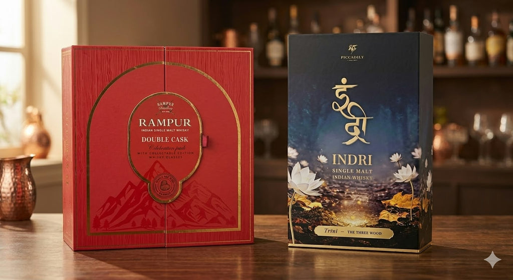 Rampur Double Cask 700 ml + Indri Indian Single Malt Whisky 700mL (Gift Pack Bundle)