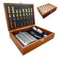 Wood Chess Game Gift Set With 8 Oz. Stainless Steel Flask 2 Shot Glasses and Wine Opener