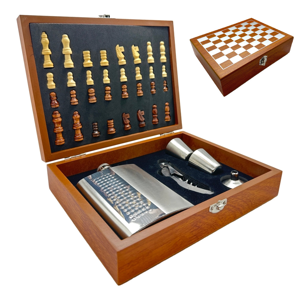 Wood Chess Game Gift Set With 8 Oz. Stainless Steel Flask 2 Shot Glasses and Wine Opener