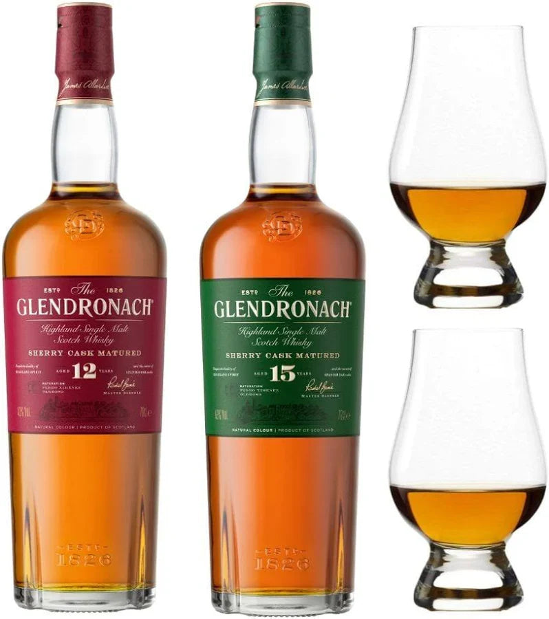 Glendronach 12 YO + Glendronach 15 YO Highland Single Malt Scotch Whisky 700mL (2 Bottle Bundle with 2 Glencairn glasses))