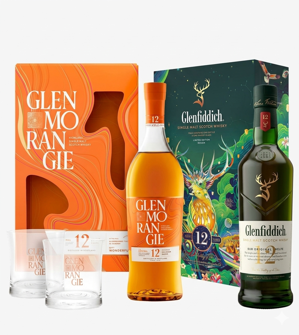 Johnnie Walker Blue Label 700 ml + Glenmorangie Gift Pack + Glenfiddich Gift Pack (ULTIMATE GIFT BUNDLE))