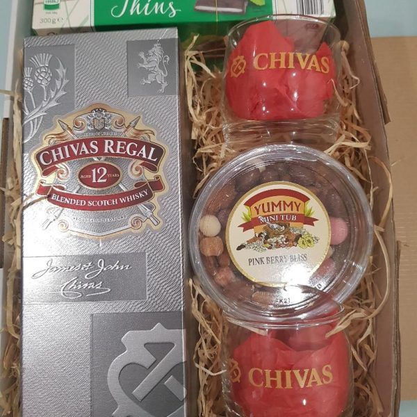 Royal Chivas Greetings Gift Box - Chivas with 2 Glasses, Chocolates and Nuts
