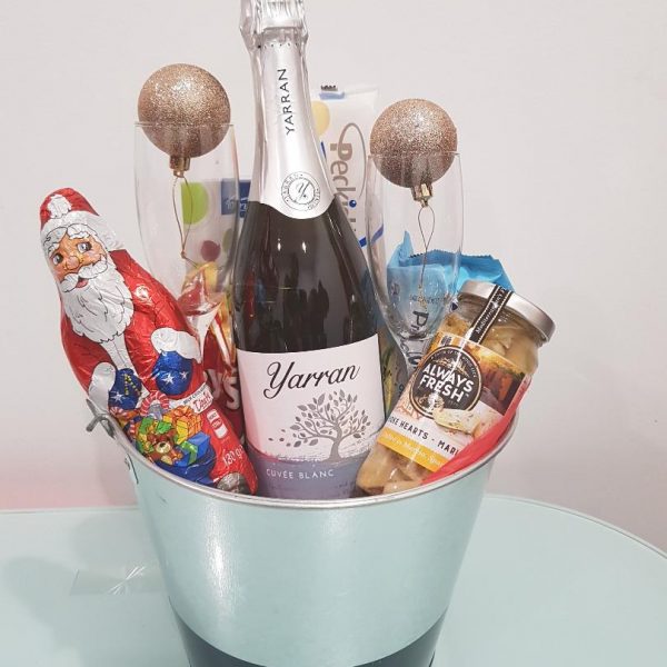 Bucket Full of Wishes - Sparkling Wine with 2 Flutes, chocolate and cookies in a tin bucket