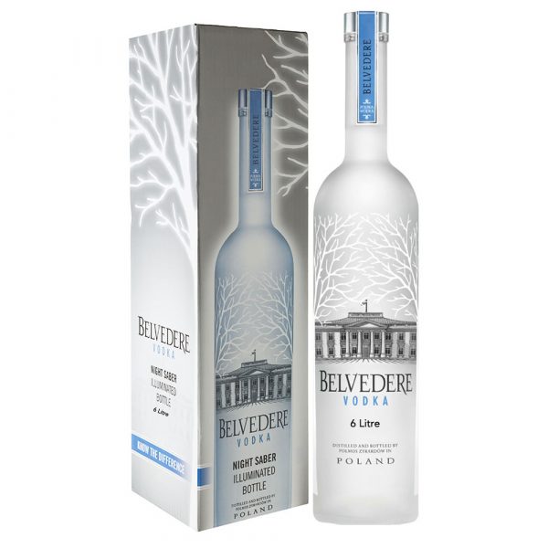 6 Litre Belvedere Vodka with light in base next to a stand…